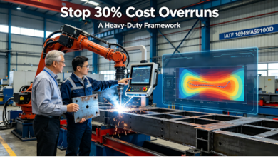 A project manager and a welding engineer in a modern heavy-industry plant inspect a large robotic welding operation on thick structural steel, with live digital twin simulation of heat-affected zone on screen, contrasting a failed welded sample, visualizing the shift from reactive fixes to predictive, controlled manufacturing.